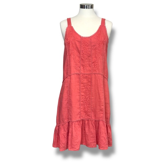 Magaschoni Dresses & Skirts - Magaschoni Coral Linen Embroidered Ruffle Hem Sun Dress